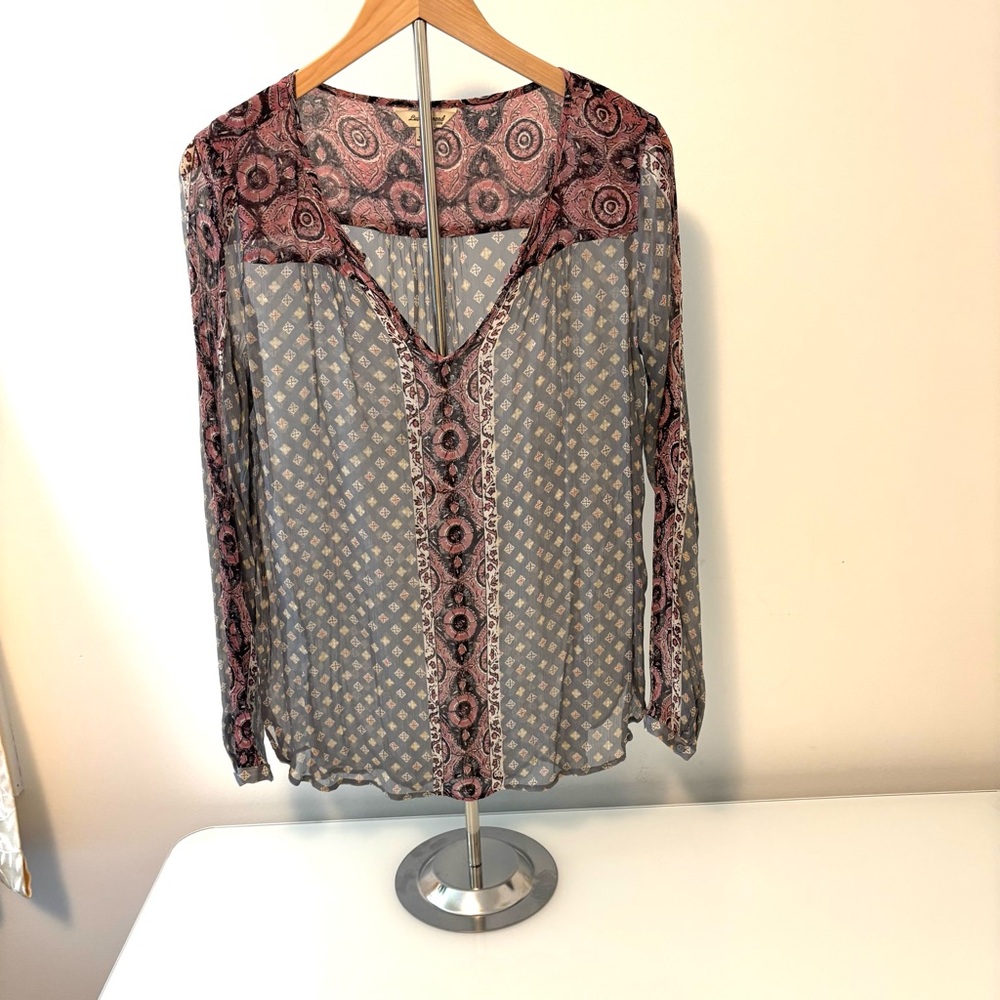 Lucky Brand Women’s Small Pink and Gray Pattern Sheer Bohemian  Blouse